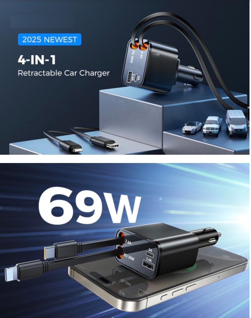 Retractable 4-in-1 Super-Fast Car Charger (120W)