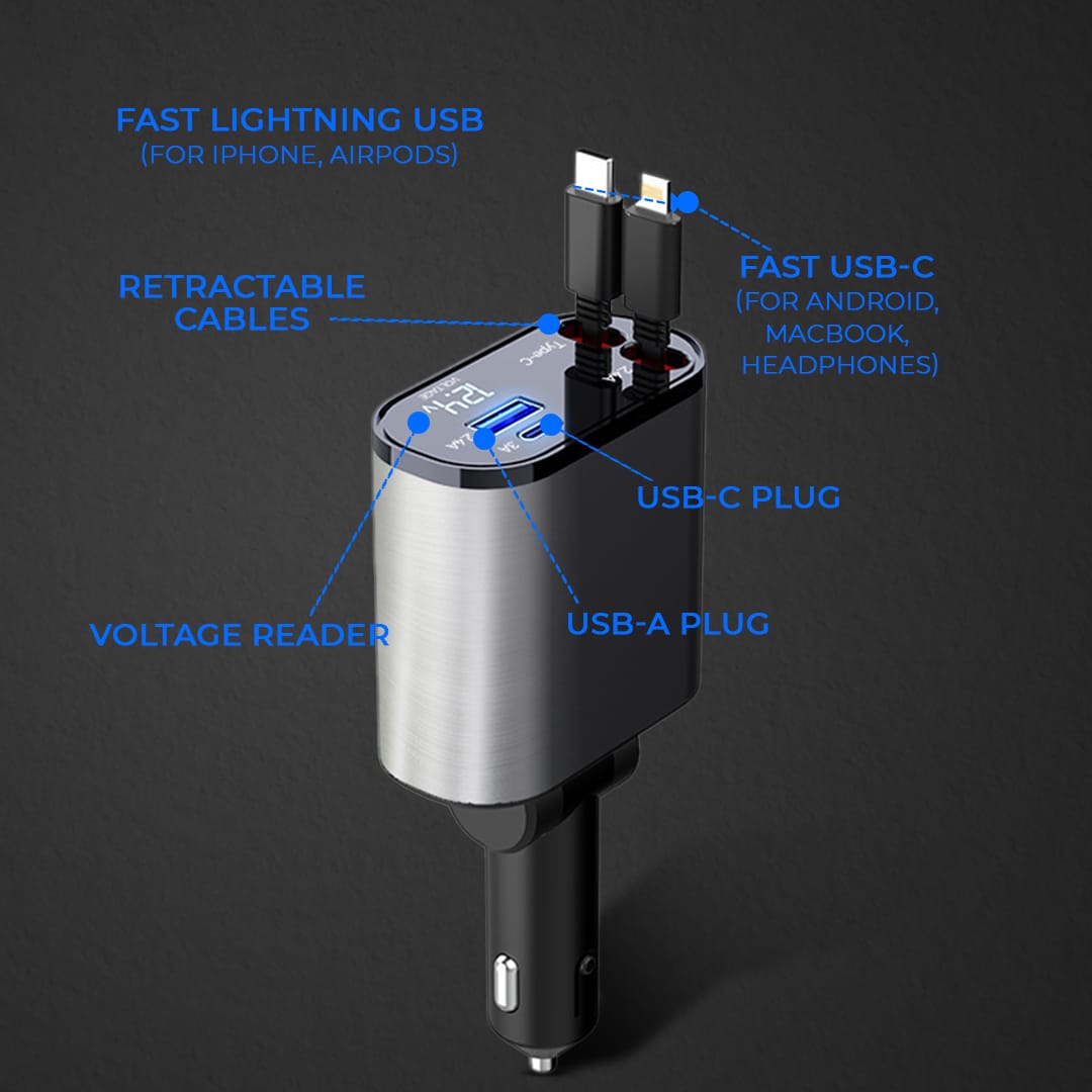 Retractable 4-in-1 Super-Fast Car Charger (120W)